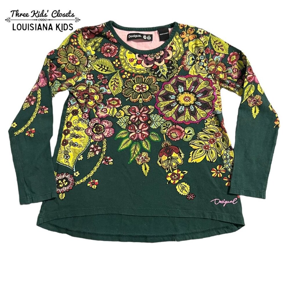 Desigual 7-8Y Forest Green Floral Rhinestone Top
